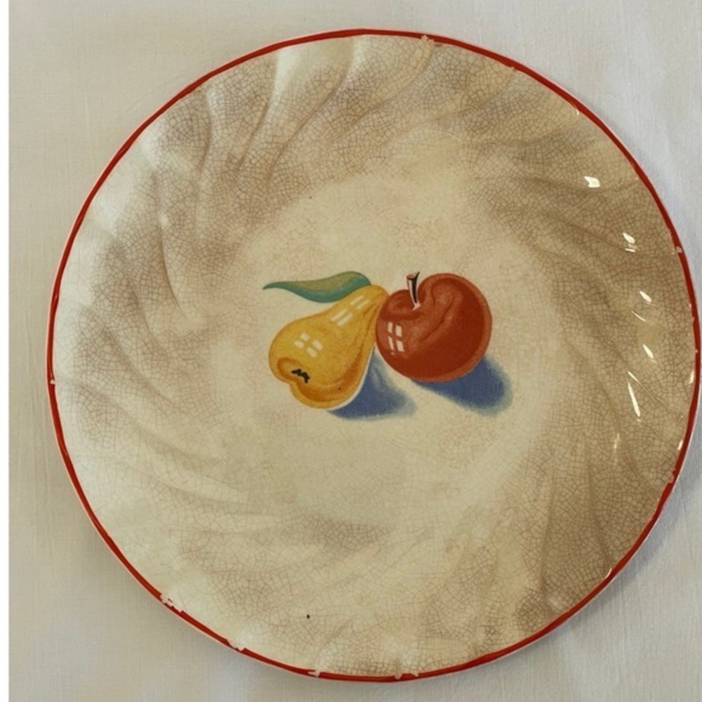 Bakerite Oven-Tested Fruit Dinner Plates Set of 2 Red Rim Apple Pear 9" - Picture 3 of 5
